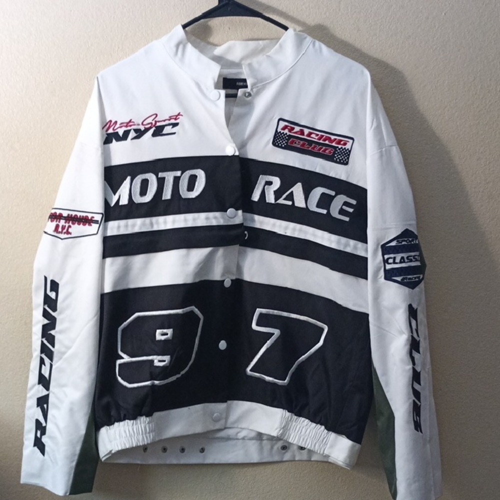 Forever 21 White and Black Moto Race Bomber Jacket